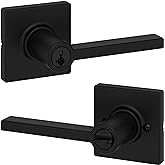 Weiser Casey Matte Black Front Door Handle with Lock, Reversible Square Exterior/Interior Door Handles with Lock, Keyed Entry
