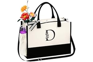 AUNOOL Gifts for her - Canvas Initial Tote Bag with Zipper Pockets and Shoulder Strap, Personalized Beach Bag Birthday Gift Bag, Wedding Bridesmaid Gifts Bridal Shower Gift Letter D