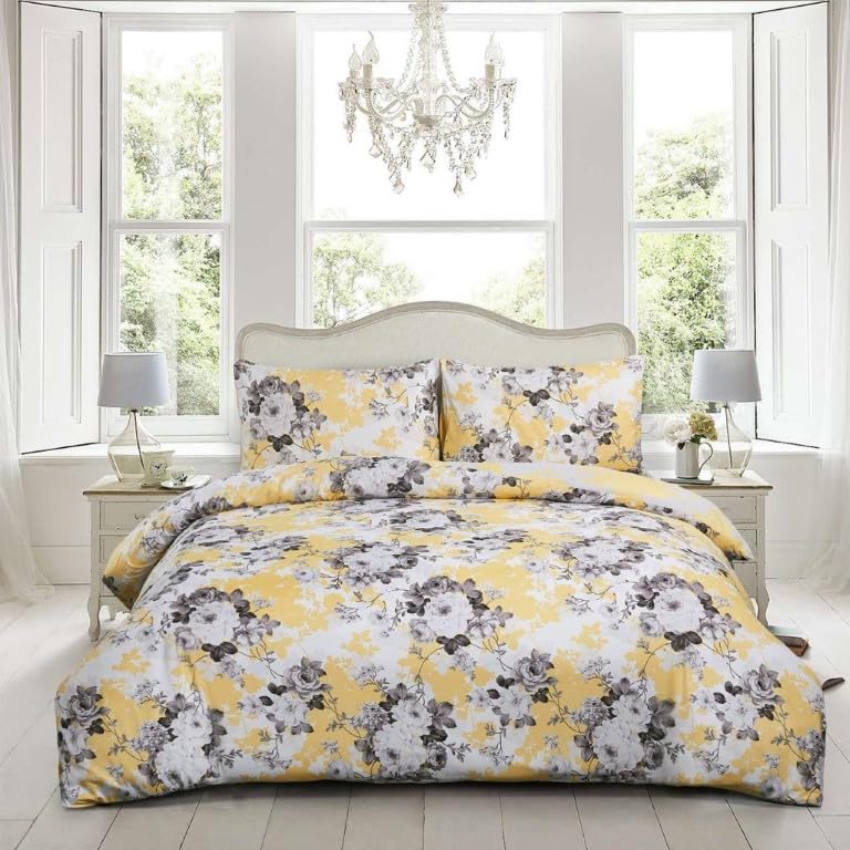 PRIME LINENS Duvet Cover Set 4 Pcs Brushed Microfibre Quilt Cover Bedding Set With Pillow Cases and Extra Fitted Sheet Included (Vintage Floral Gold, Double)