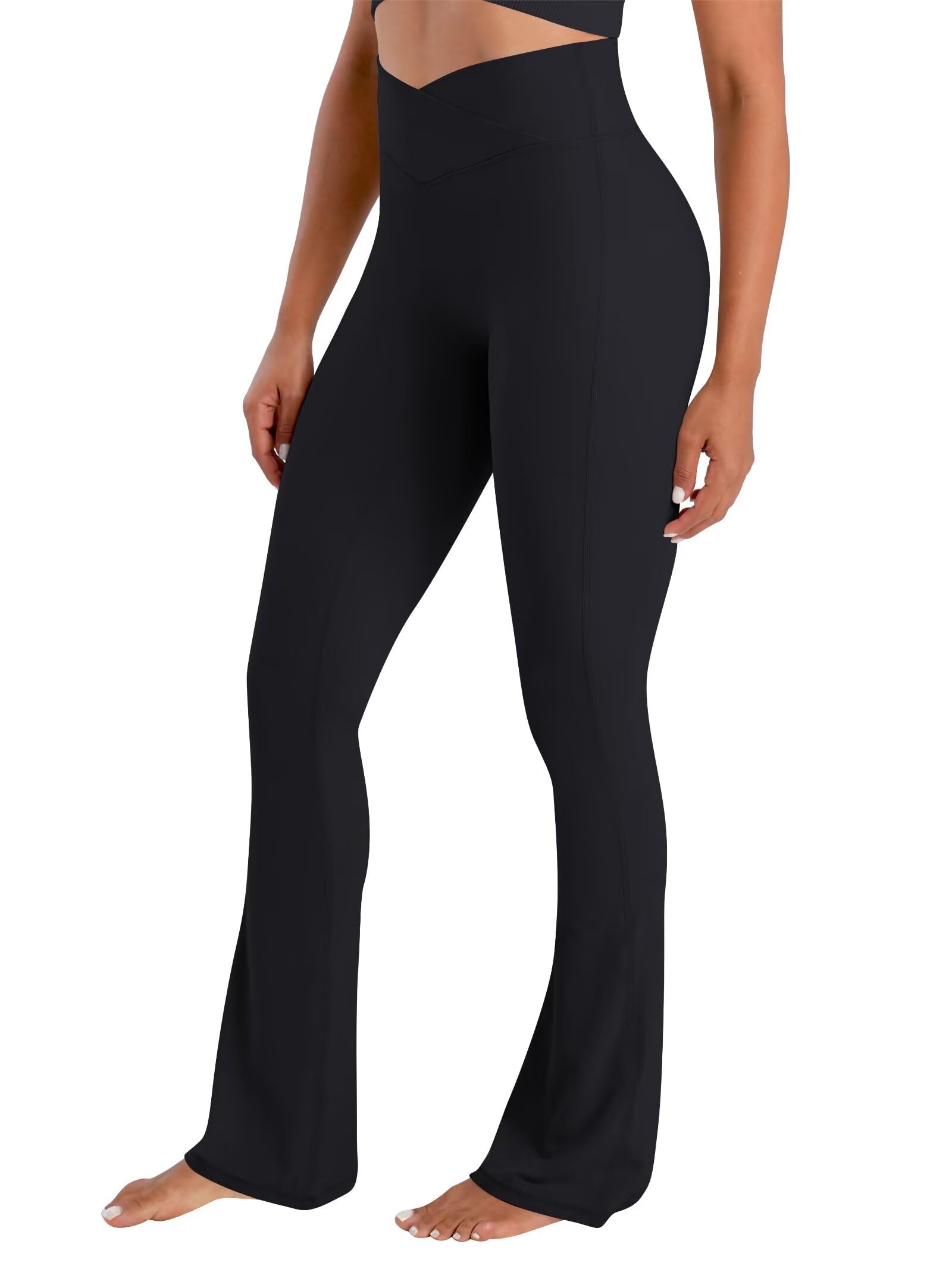 Photo 1 of Sunzel No Front Seam Crossover Flare Leggings for Women Hidden Butt Lifting Scrunch Tummy Control Mini Flared Yoga Pants 32" Inseam Black X-Large