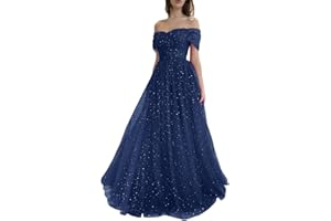 Sevintage Sparkly Tulle Prom Dresses for Women 2023 Off Shoulder Pleated Formal Evening Party Gowns