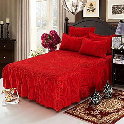 Zhiyuan Red Rose Ruffled Bed Sheet Skirt Brushed Microfiber Set