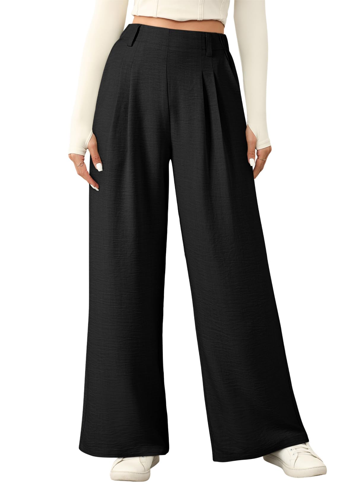 Photo 1 of (medium/short) EVALESS Black Pants for Women Wide Leg Linen Texture Business Work Casual Palazzo Trousers High Waisted Baggy Flowy Dress Pants Summer Trendy Comfy Office Slacks with Pockets Medium