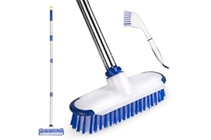 ITTAHO Floor Scrub Brush with Long Handle, 2 in 1 Deck Scrub Brush, Stiff Bristle Scrub Broom & Cleaning Brush for Tile Floor