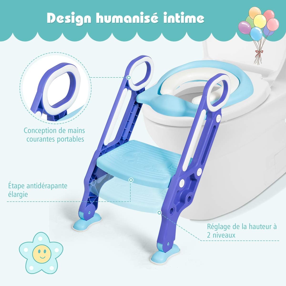 Lunette De Toilette Rembourre Confortable Costway Siege De Toilette Pour Enfants Pliable Et Hauteur Reglable Reducteur De Toilette Pour Bebe Avec Marches Larges Et Antiderapantes Bleu Apprentissage De La Proprete Bebe