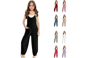 AOREUGL Girls Jumpsuit Casual Sleeveless Spaghetti Strap Overalls Harem Long Pants Rompers With Pockets Size 5-14 Years