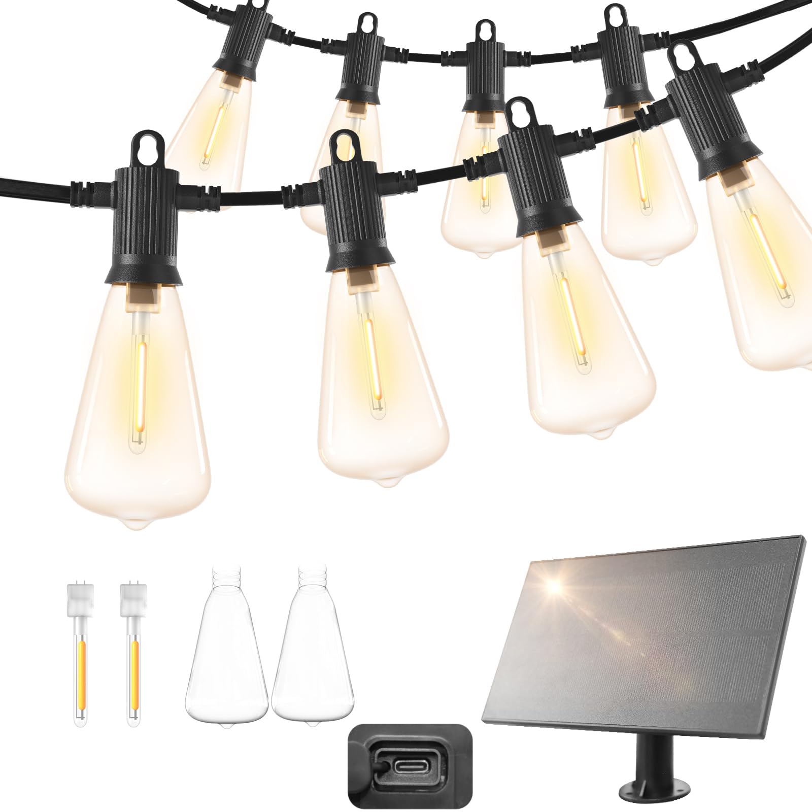 ZOTOYI Solar Powered Festoon Lights Outdoor, 15Meter IP65 Waterproof Solar String Lights Garden with 20+2pcs Shatterproof LED Plastic Bulbs 4 Light Modes for Wedding Party Gazebo Backyard Terrace