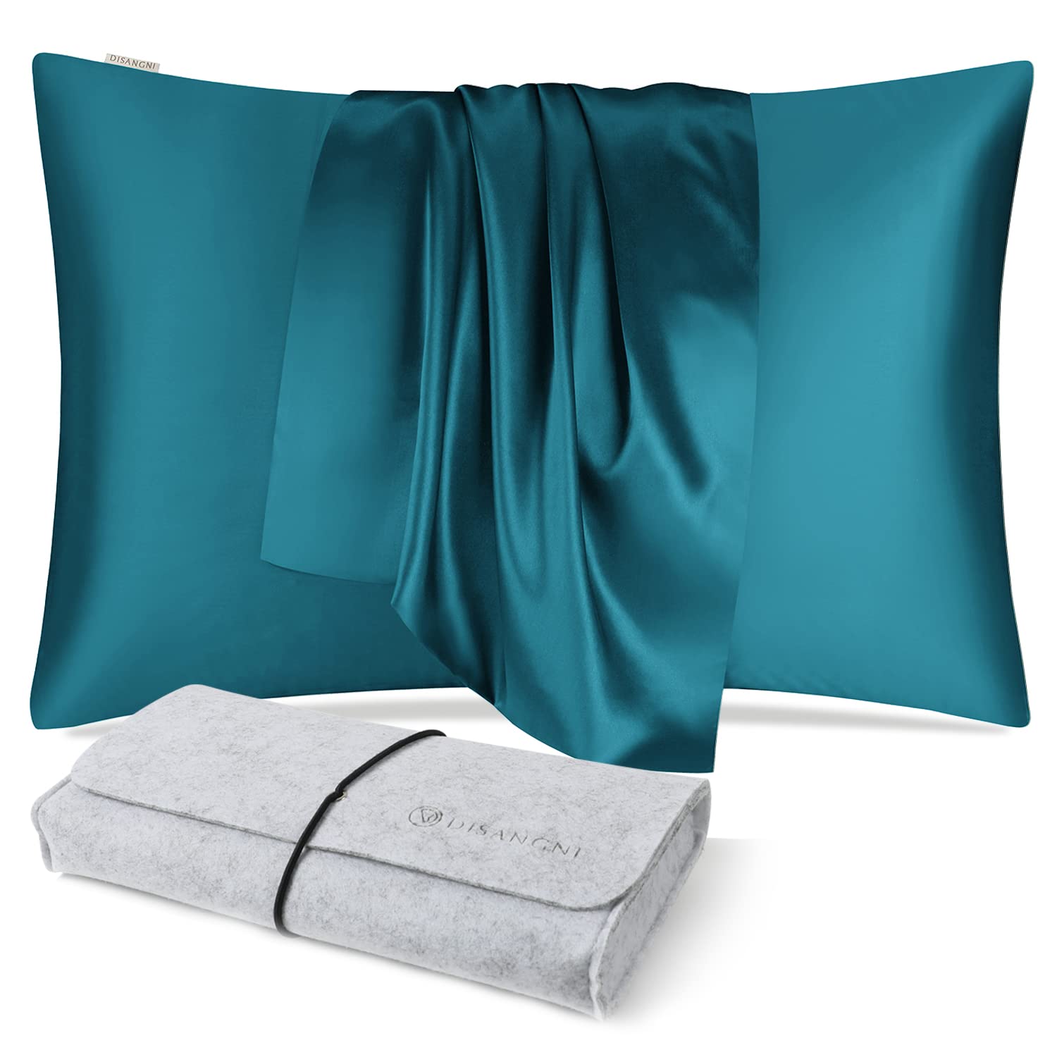 DISANGNI 100% Natural Mulberry Silk Pillow case for Hair and Skin with Hidden Zipper 22 Momme Both Sides Real Silk Pillow Case (1pc 51x66cm, Blue Green)