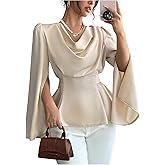 OYOANGLE Women's Satin Cowl Neck Split Long Sleeve Blouse Elegant Peplum Tops Dressy Casual Shirt