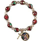 Needzo Beaded Rosary Bracelet Let Us Adore Him with Cross Charm, Red and Green Iridescent Beads, Religious Jewelry for Women, 7 1/2 Inch