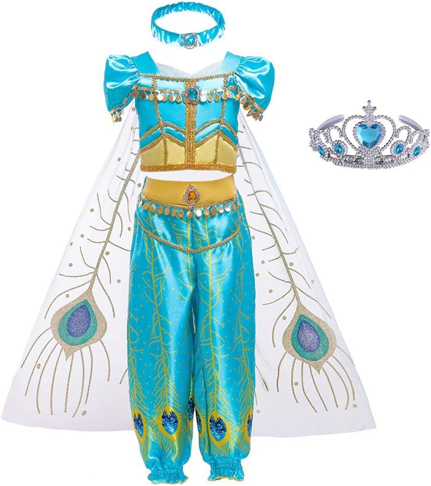 Amazon アラジン ジャスミン コスプレ 子供 ドレス プリンセスなりきり アラビア風お姫様 ハロウィン衣装 ジャスミンコスチューム 仮装 ハロウイン クリスマス 文化祭 女の子 女児 キッズドレス 140 孔雀風 キッズコスチューム おもちゃ