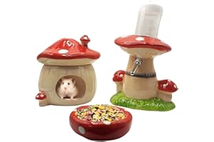 LimxFree Hamster Hideout Set, Ceramic Mushroom House, Water Bottle with Stand, Food Bowl,Hamster Accessories (red)