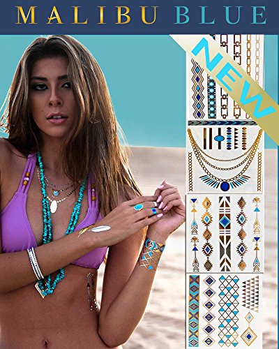 *Festival Flash Temporary Tattoos* Stylish & Chic Tattoo Jewelry - 29 Metallic Tattoos- Gold, Silver, Turquoise. Long Lasting Formula. Perfect festival gear for Burning Man Costumes & EDC (Penelope)