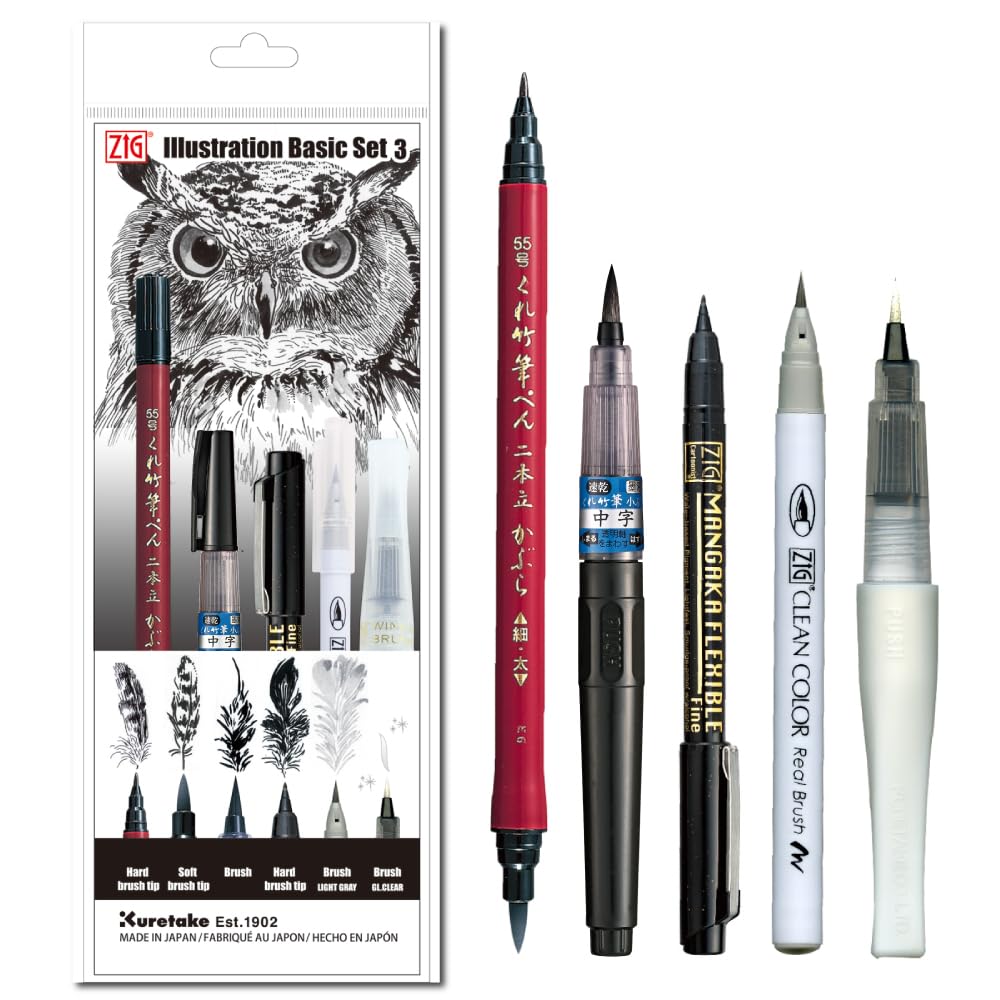 Kuretake Zig INKTOBER special set, Illustration Basic Set, Marking pen (5 pcs), Brush pens and glitter pen, Made in Japan