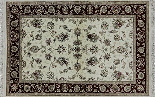 4'x6' Ivory Herati Design Floral Tabriz Hand Knotted Wool &amp; Silk Area Rug H8799