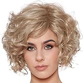 Swiking Short Blonde Curly Wigs for White Women with Side Bangs Fluffy Natural Synthetic Fiber Hair Wig for Daily Party Costume Use
