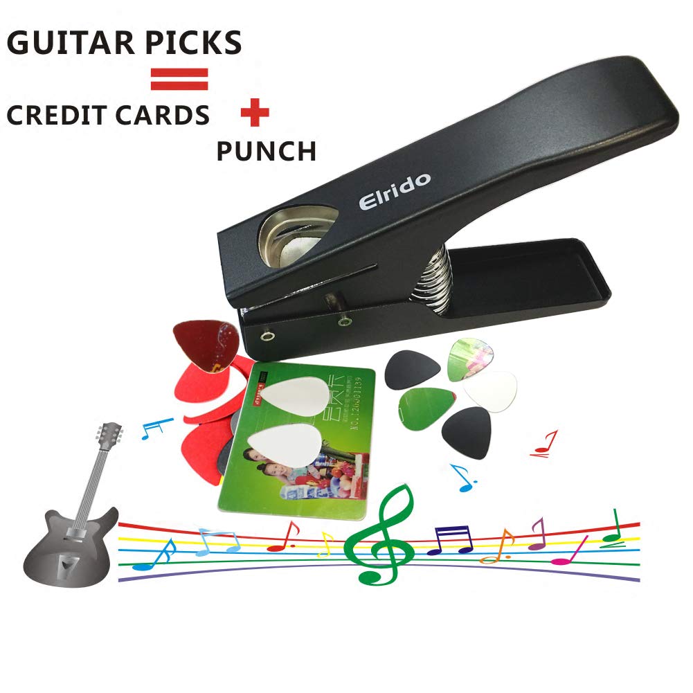 Elrido DIY Guitar Picks Maker Guitar Pick Punch Make Your Endless Guitar Picks, With Leather Key Chain Picks Holder and 2 Pick Strips Sheet - Guitar Picks Puncher Tool Kit Gift for Guitarist (Black)