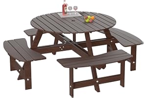 RITSU 8 Person Wooden Picnic Benches, Outdoor Round Table with Umbrella Hold Design for Patio, Backyard, Garden, Adults and Kids, 1720lb Capacity, Brown
