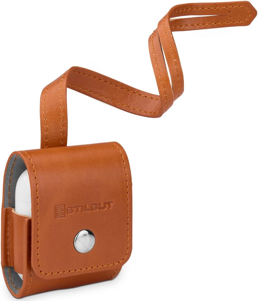 StilGut Case Made of Leather Compatible with Apple AirPods with Leather-Band, Cognac, Cognac - with leather strap