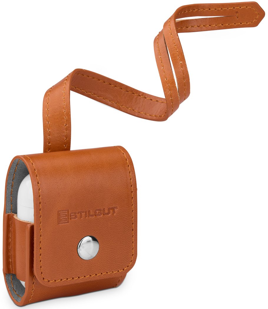 StilGut Case Made of Leather Compatible with Apple AirPods with Leather-Band, Cognac