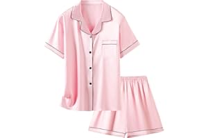 Schbbbta Girls & Women Satin Pajamas Set, 2Pj Silk Nightwear Button-Down Sleepwear for Teen Kid, Gift for Mom/Mother Day