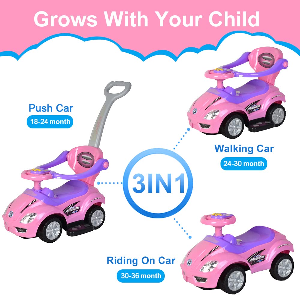 ChromeWheels Push Cars for Toddlers, 3 in 1 Ride on Push Car with Guardrail, Ride on Toys Mega Car w/Push Handle & Horn & Music & Under Seat Storage, Pink