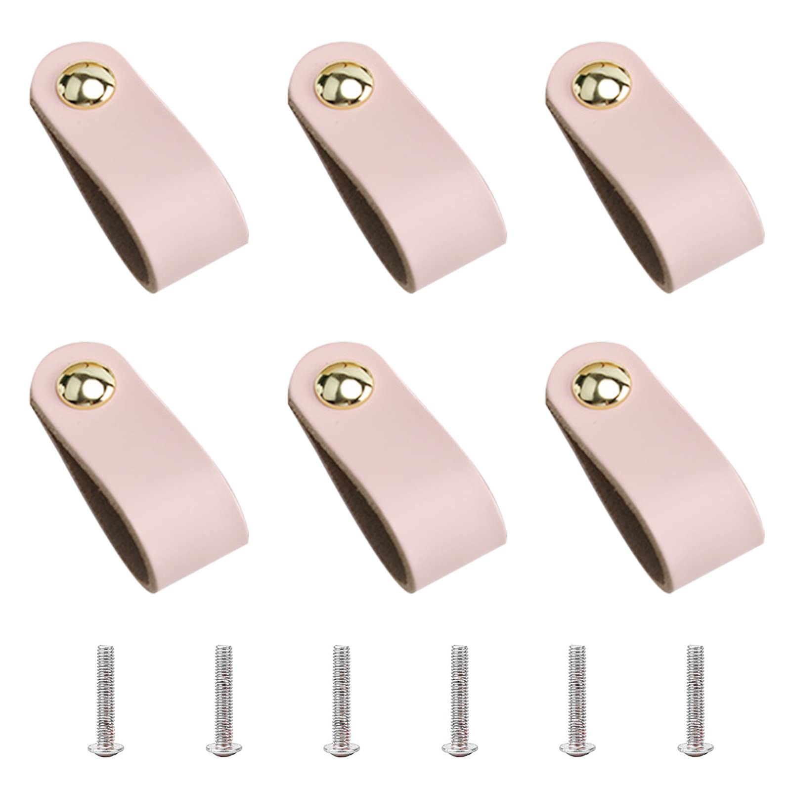 GORGECRAFT 6Pcs Leather Handles Vintage Cabinet Door Handle Pink Color Leather Drawer Pulls for Kitchen Bathroom Cabinets Cupboards Wardrobe Dresser, 143x25mm