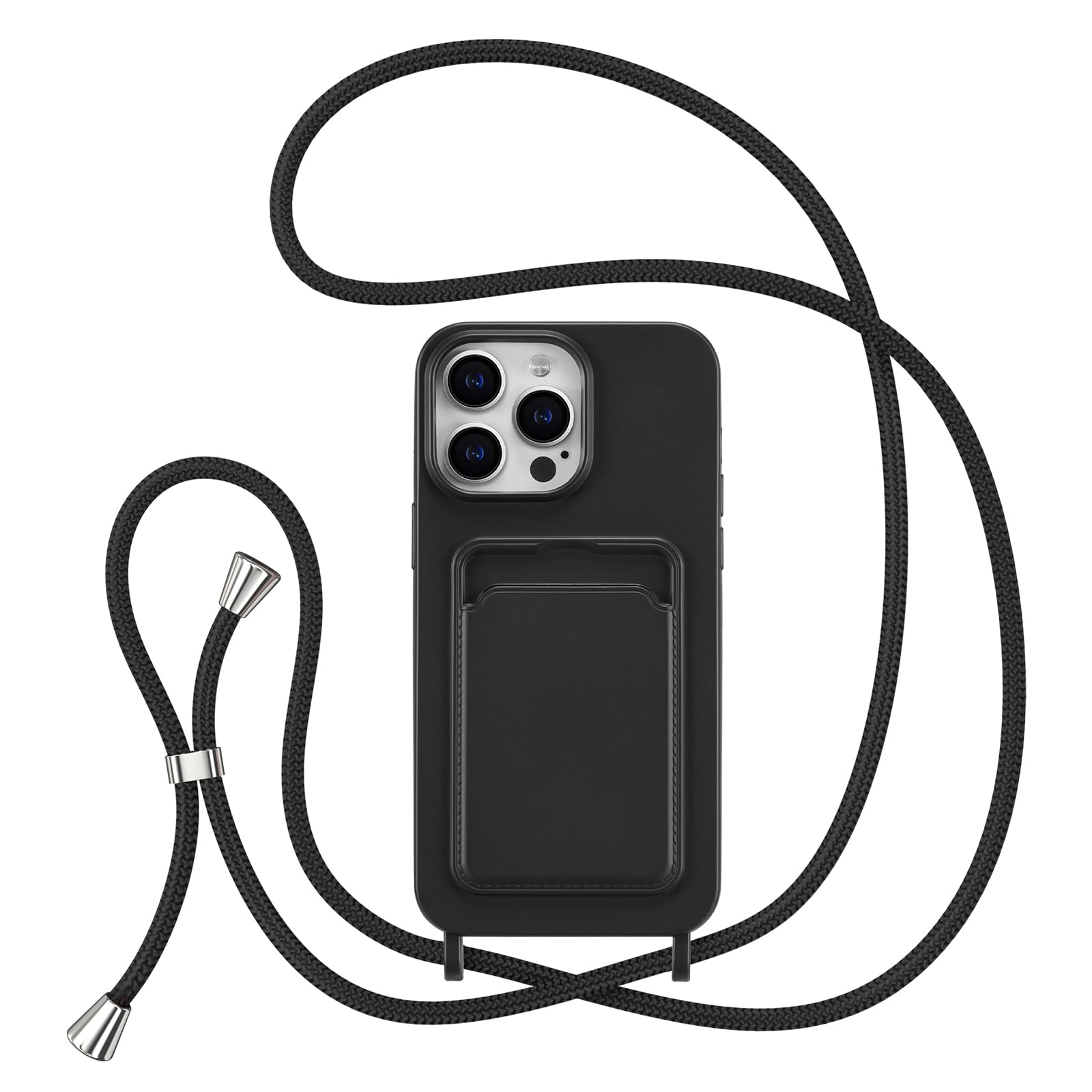 ZTOFERA Crossbody Lanyard Case for iPhone 14 Pro (6.1") with Card Holder, Soft Liquid Silicone Phone Case with Strap Adjustable Neck Cord Necklace Shockproof Protective Cover - Black