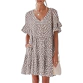 nclook Womens Summer Casual Dresses Sweet Cute V Neck Mini Dress with Pockets Ruffle Short Sleeve