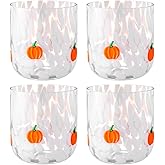 FoldTier 4 Pcs Thanksgiving Fall Icon Glass Cup 14 oz Icon Glass Cups Wine Stemless Double Old Fashioned Blown Cocktail for Women Friends Lovely Halloween Gifts(Pumpkin)