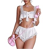 MakeMeChic Women's 2 Piece Cute Valentines Day Lingerie Outfit Satin Silk Floral Lace Ruffle Cami Crop Tops and Shorts Set