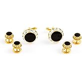 MRCUFF Black Onyx Round Crystal Tuxedo Cufflinks & Studs Set in a Presentation Gift Box & Polishing Cloth