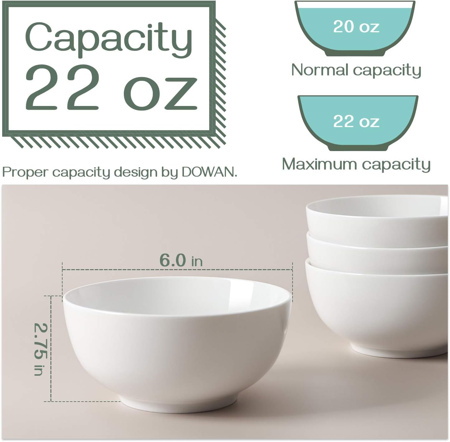  | DOWAN Ceramic Soup Bowls, Cereal Bowl, 22 Ounce Bowls Set, Chip Resistant, Dishwasher & Microwave Safe, Porcelain Bowls for Kitchen, White Bowls for Cereal Soup Rice Pasta Salad Oatmeal, Set of 4: Cereal Bowls