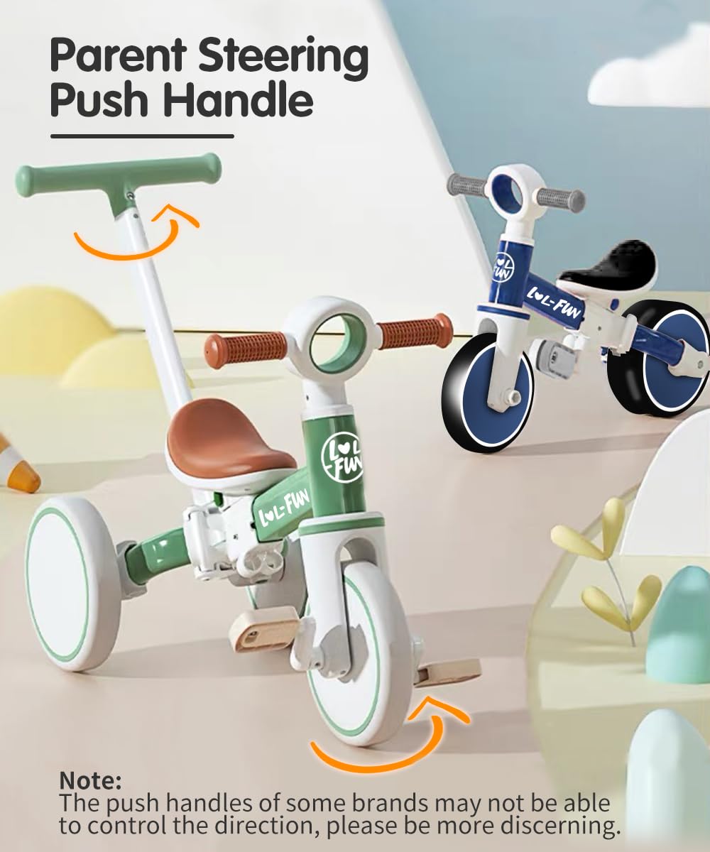 LOL-FUN 5 in 1 Toddler Tricycles for 1-3 Year Olds Boys Girls Toy, Baby Balance Bike 1 Year Old Kids Gift with Parent Steering Push Handle