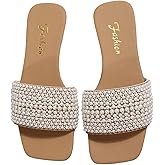 OYOANGLE Women's Pearl Decor Square Toe Sandals Leather Open Toe Flat Slip On Slides