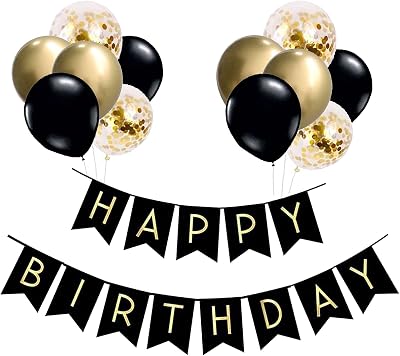 YELYAN Black Gold Happy Birthday Banner with Balloons & Ribbon