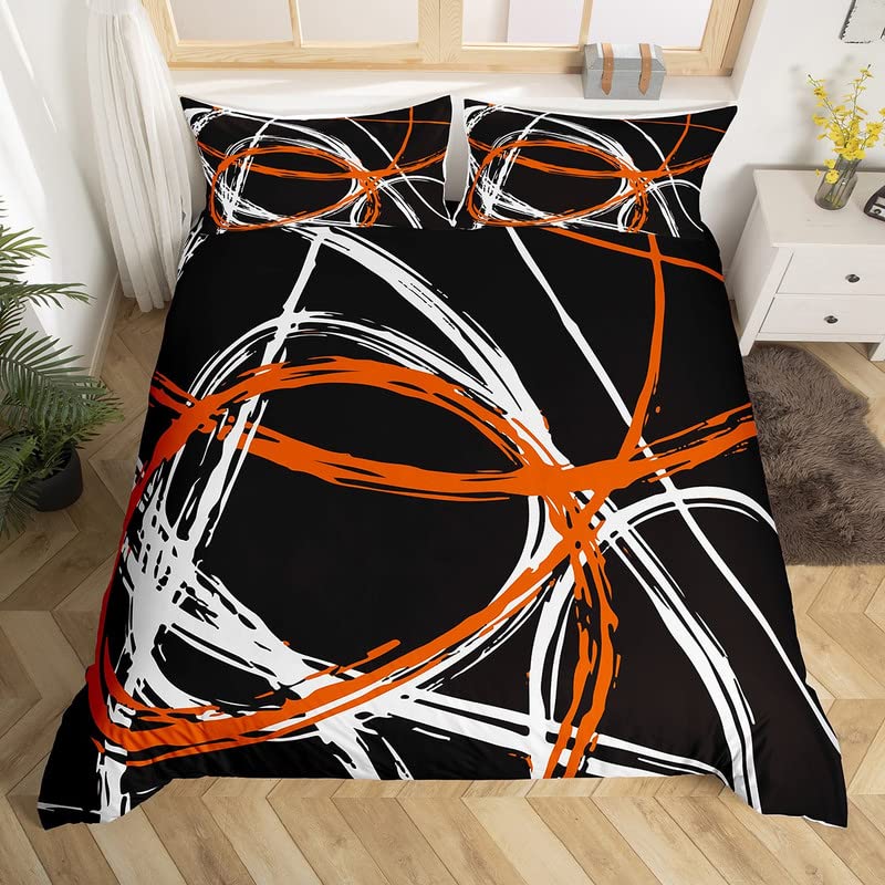 Retro Circle Bedding Duvet Cover Set Super King Orange Black White Stripes Bedding Set for Kids Boys Girls Abstract Art Decor Comforter Cover Set Microfiber Bedspread Cover Bedroom Bedclothes — image 1