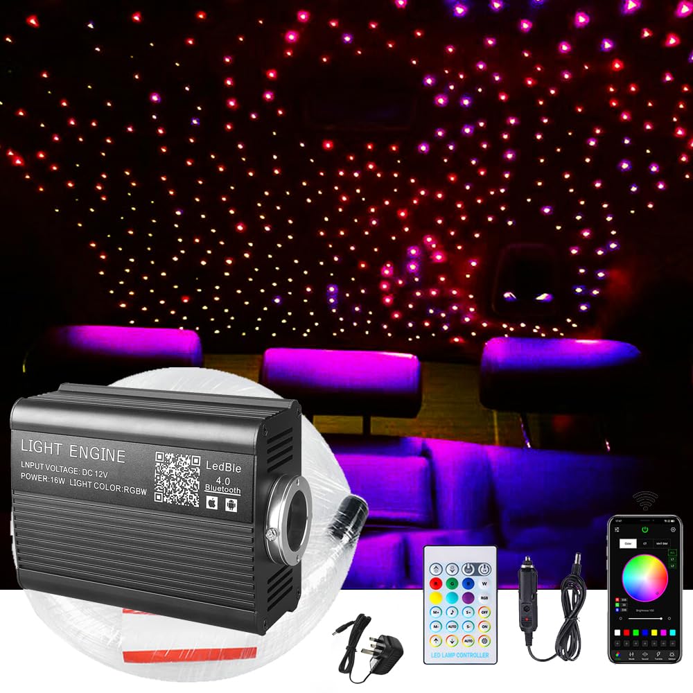 VASTFIRE 16W Twinkle Fiber Optic Star Ceiling Light Kit with 500pcs*9.8ft*0.75mm Bluetooth RGBW Music Activated for Home and Media Movie Room Decor