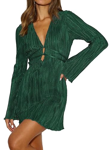 LUJENGEFA Women's V Neck Pleated Mini Dress Casual Flared Long Sleeve  Plisse Tunic Dresses with Belt Party Club Dress Dark Green L in Saudi  Arabia | Whizz Casual