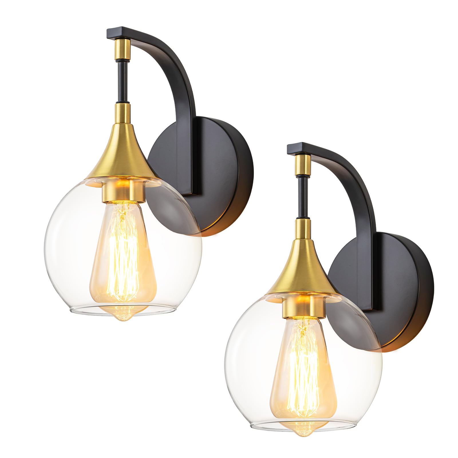 Photo 1 of Black and Gold Wall Sconces Set of Two, Modern Wall Sconce Light with Clear Glass Shade,Indoor Wall Light Fixture Wall Lamps for Bedroom, Hallway, Bathroom