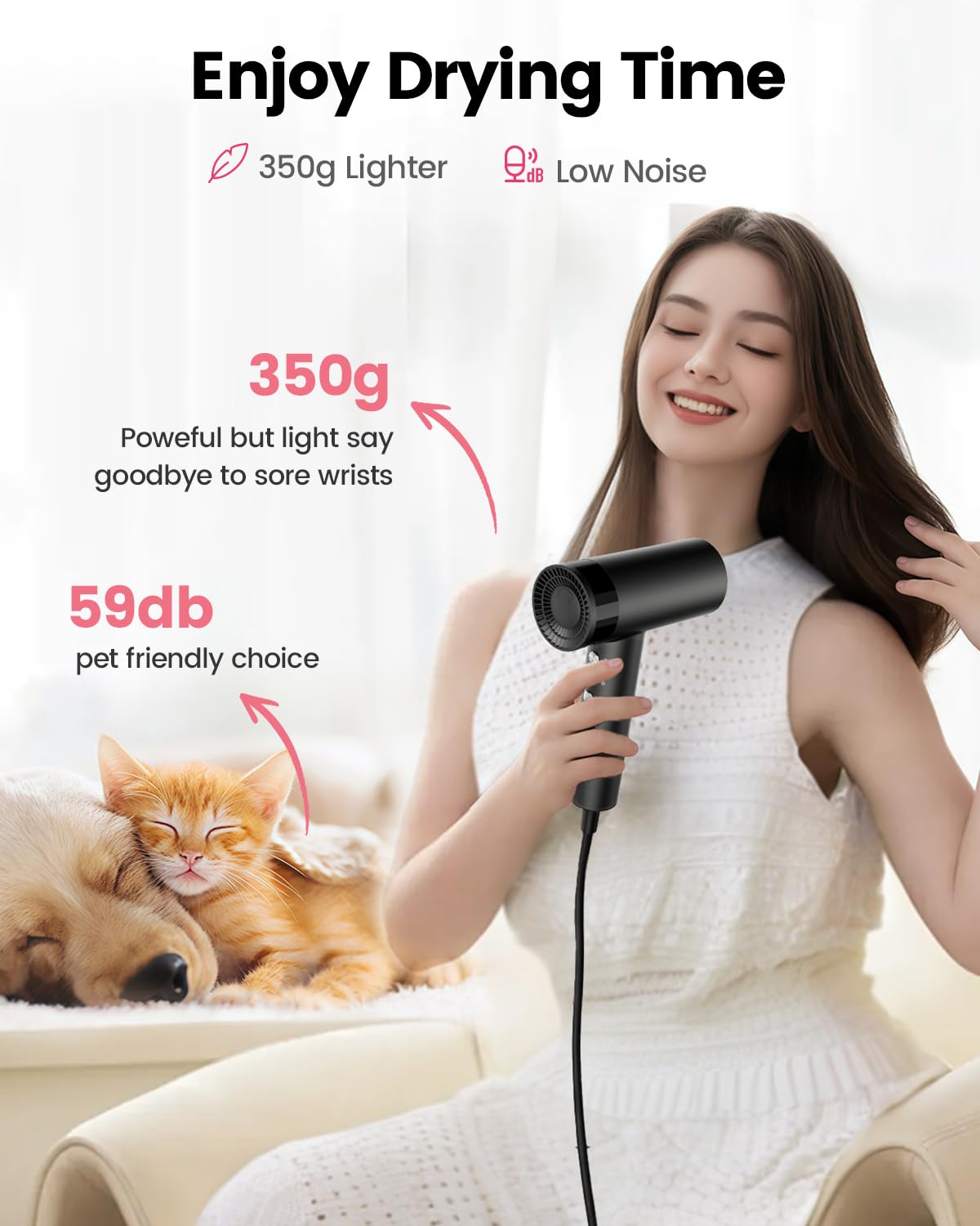 Dekuri Hair Dryer, 110,000 RPM High-Speed Fast Drying Blow Dryer, 500 Million Ionic Lightweight Hairdryer with Diffuser, Magnetic Nozzle, 4 Temps & 3 Speeds, Low Noise for Women & Men (Black)
