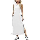 GRECERELLE 2025 Women Summer Color Blocking Round Neck Sleeveless Casual Wrinkle-Free Side Split Maxi Dress with Pockets