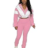 Kinivi Women 2 Piece Outfit Long Sleeve Zip Up Crop Jacket High Waist Stretchy Pants