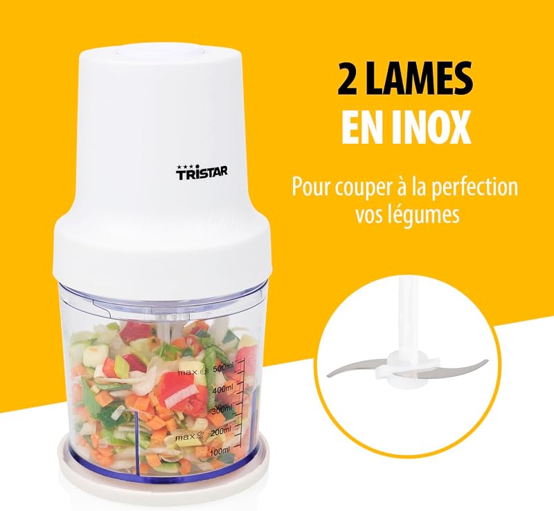 Hachoir Inox, Moteur 400W, 2 Vitesses avec Turbo, 2 Lames Inox, Bol 0.5L, Design Compact, Pièces Amovibles Lavables au Lave-Vaisselle, BL-4023