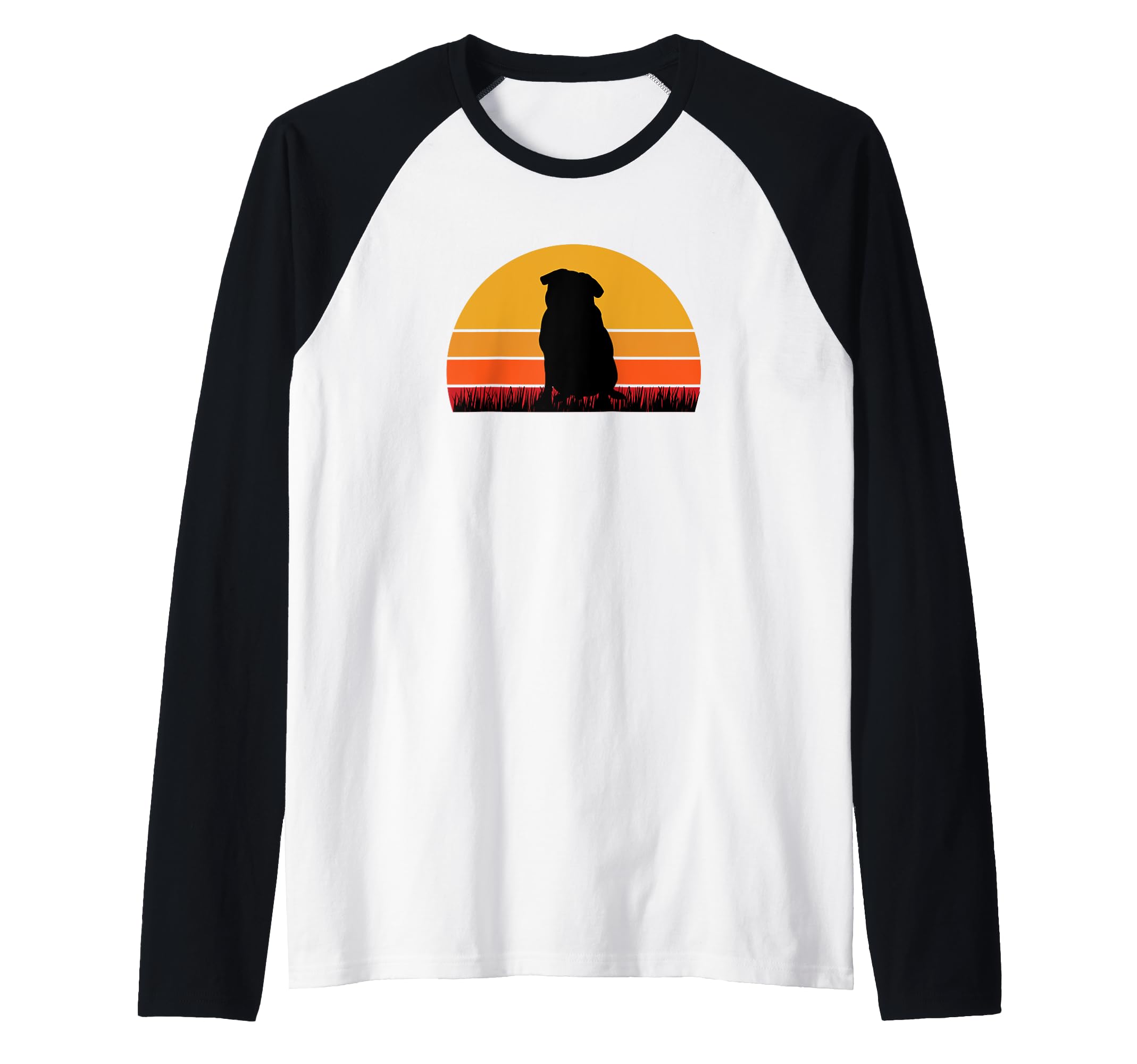 Pug Dog Doggie Pup Puppy Sunset Orange Black Retro Cute Raglan Baseball Tee