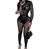 JIVENORTE Lace Flower Long Sleeve Jumpsuit for Women, Sexy Mesh Jumpsuit See Through Mesh Party Club Outfit