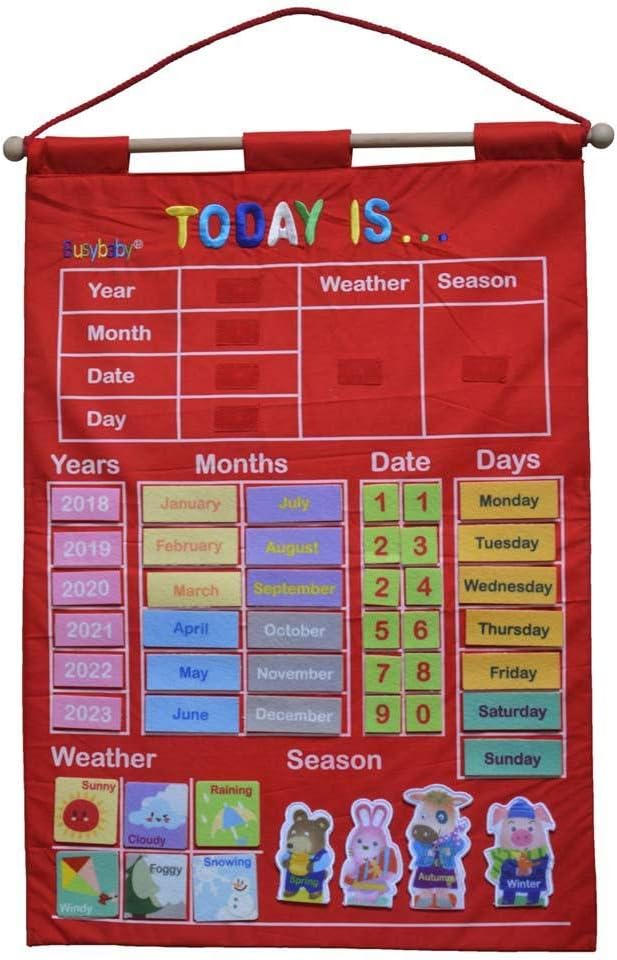 Kitabetty Learning Calendar for Children, Educational Toy Learning of the English Letter of the Date of Teaching Time for Children red