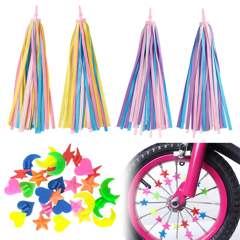 TRKETK 2 Pair Bike Tassels and 36 Pcs Spoke Beads, Bike Accessories Colorful Tassel Ribbons Bicycle Clip Beads Bicycle Handlebar Streamers + Spoke Beads for Micro Scooter Tricycle Bike
