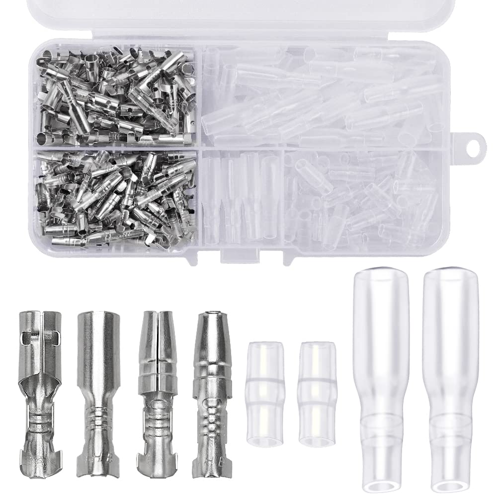 YIXISI 200 PCS 3.9mm Copper Male and Female Bullet Terminals Wire Connector Block with Male Female Insulation Covers, for Motorcycle Car Truck Scooter Boats Electric Instruments, Silver