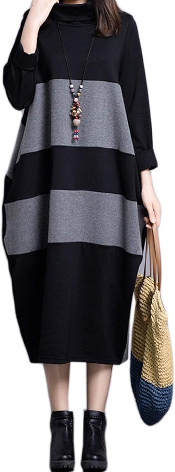 Amazon ワンピース レディース タートルネック ニットワンピース ストライプ柄 秋 マキシ 丈 チュニック シンプル きれいめ 大きいサイズ 長袖 ゆったり 体型カバー バイカラー 膝下 ロング ワンピ 大人 高級感 女らしい 通勤 ワンピース チュニック 通販